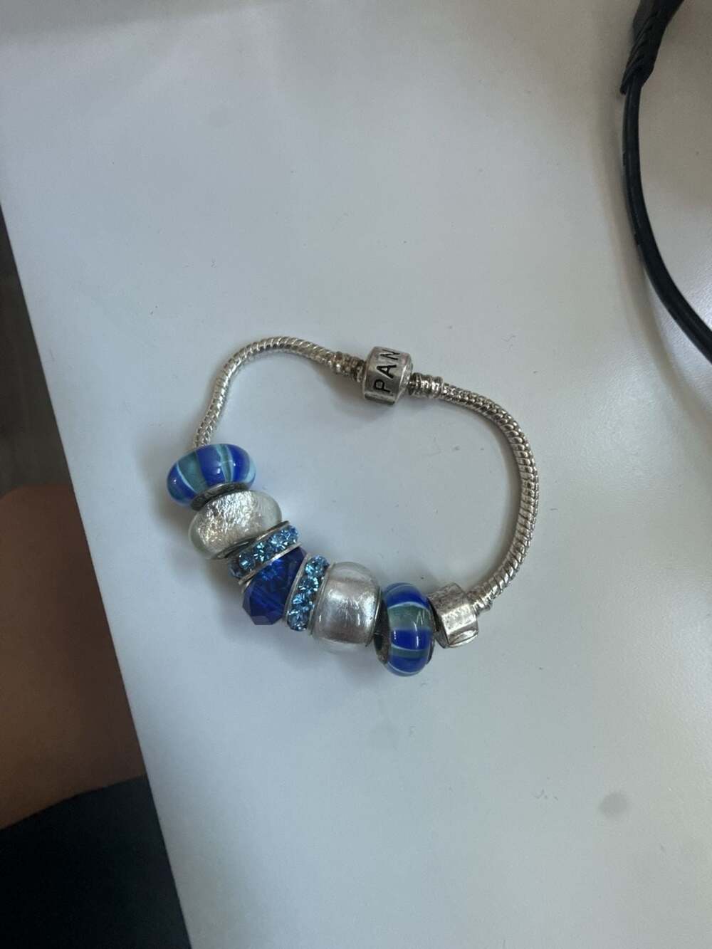 Pandora Sterling Silver Snake Chain Charm Bracelet with Blue Glass